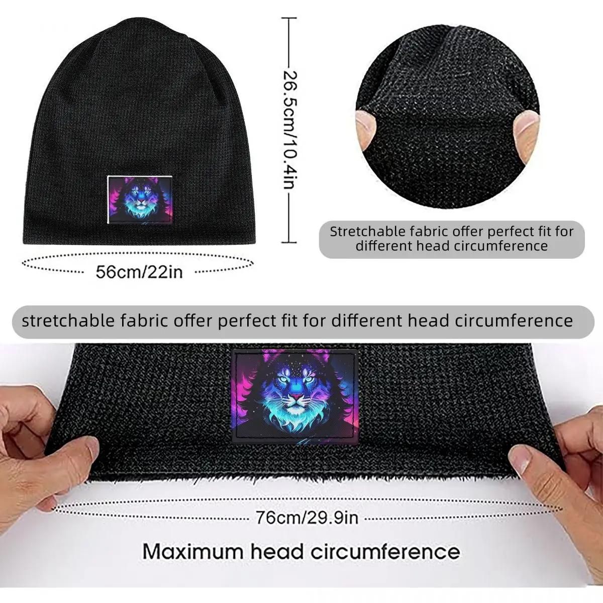 Cosmic Neon Tiger Spirit Space Galaxy Wolf Lion Face Waffle Knit Fleece Lined Beanie with PU Leather Patch Winter Soft Cap