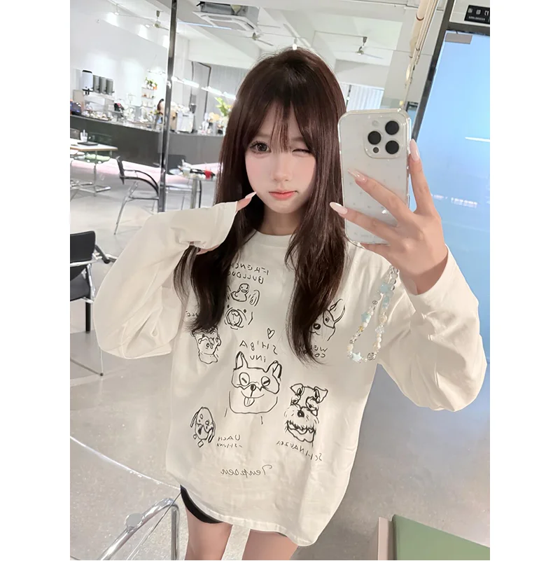 

White Pure Cotton Long Sve T-irt Women's Faion Early Autumn Loose American Retro Design Cartoon Print Top