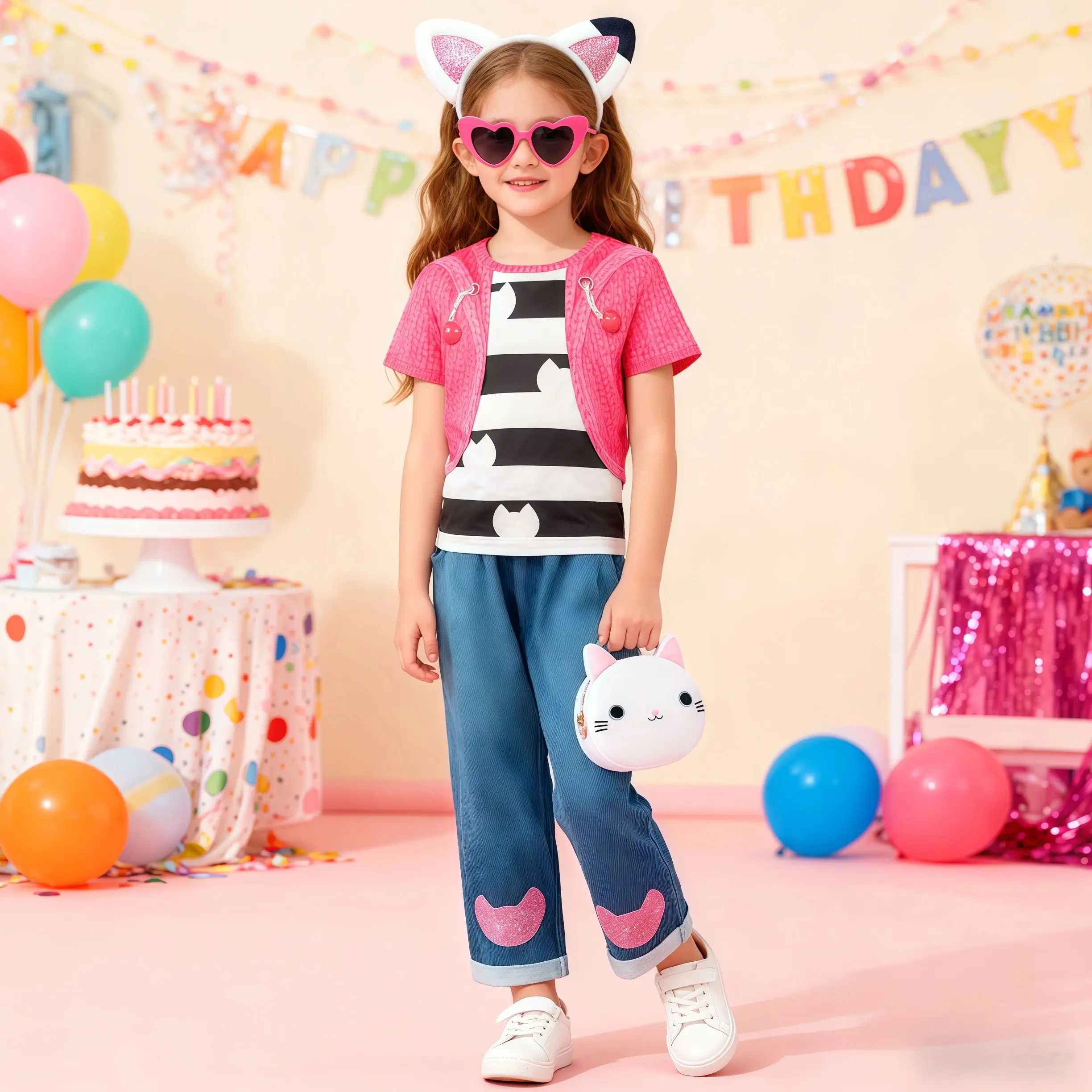 Kids Cartoon Striped Cats Tops With Pants With Accessories For Little Girls Birthday Party Halloween Christmas Carnival Costume