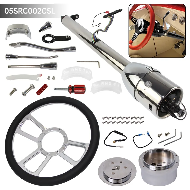 28''/30''/32'' Automatic Steering Column GM with Tilt and 9 Bolt Steering Wheel Hub Adapter + Horn Button - Silver/Black