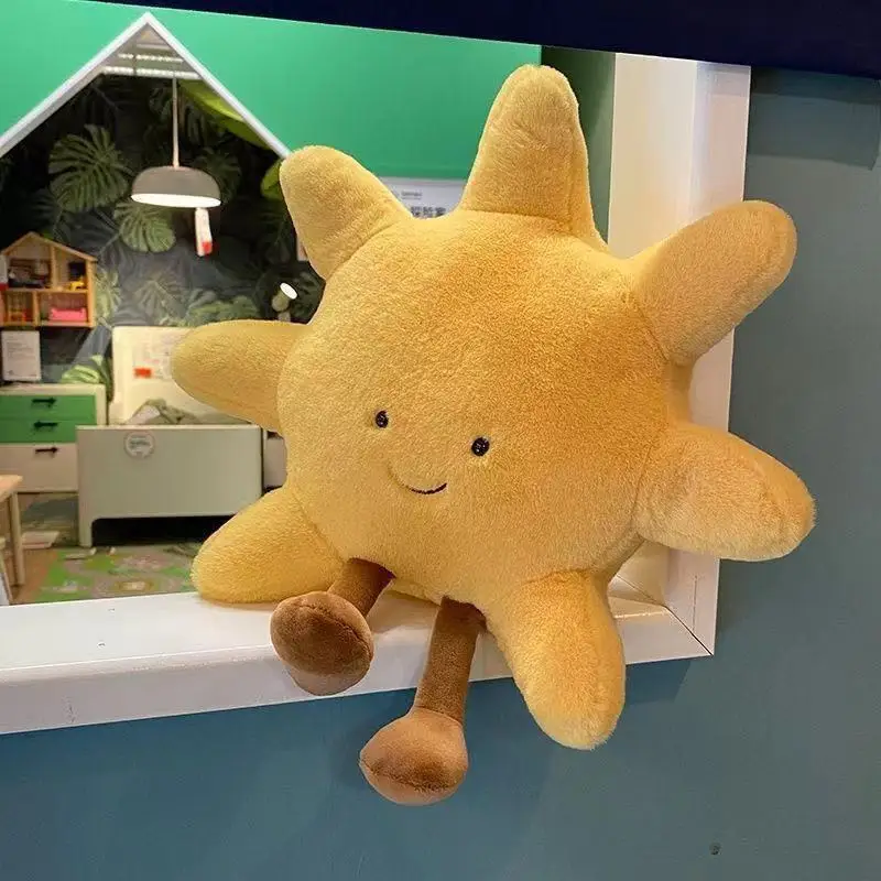 Nuevo cojín de peluche con cara sonriente, Luna y sol amarillo, juguete meteorológico relleno de alta calidad para decoración de dormitorio de niños, almohada suave para sofá