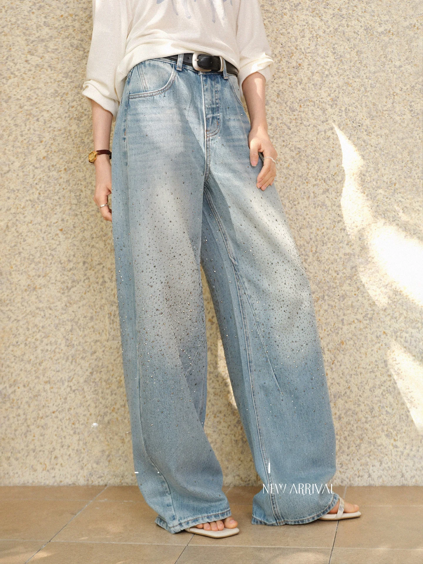 

Heavy Du Rhinestone Waed Denim High Waist Wide Leg Jeans Women's Loose Fit Spring Faion Ladies Premium Quali
