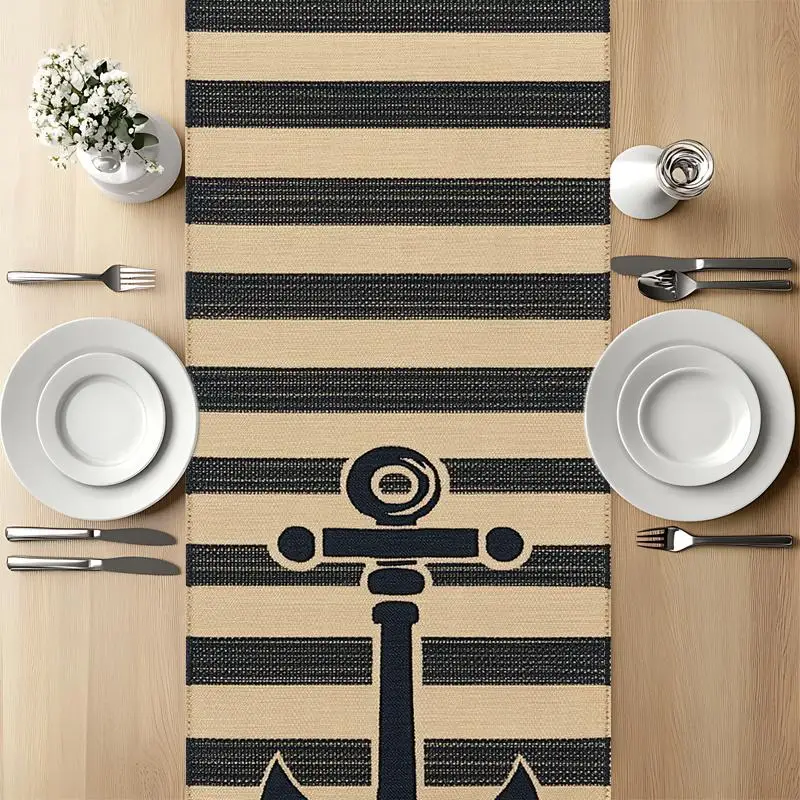 Nautical Anchor Striped Table Runner, Mediterranean Ocean Style Long Decor for Dining Table, Coffee Table and TV Stand