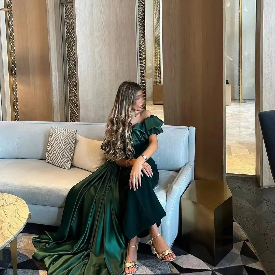 فستان سهرة Eightale 2025 باللون الأخضر الداكن بطول الكاحل لحفلات الزفاف بدون أكتاف للحفلات الراقصة فستان حفلة عربية سعودية مخصص