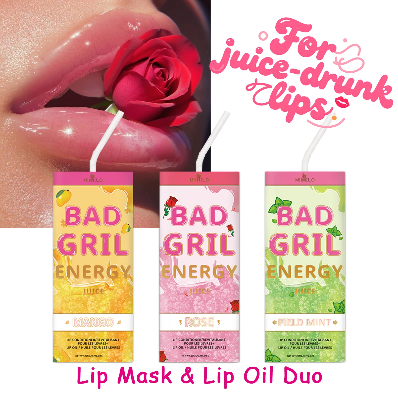 

Overnight Lip Mask and Hydrating Oil 2pcs Set - Rose Mint Mango Flavor for Dry Lips Exfoliating Repair Care Gift Kit