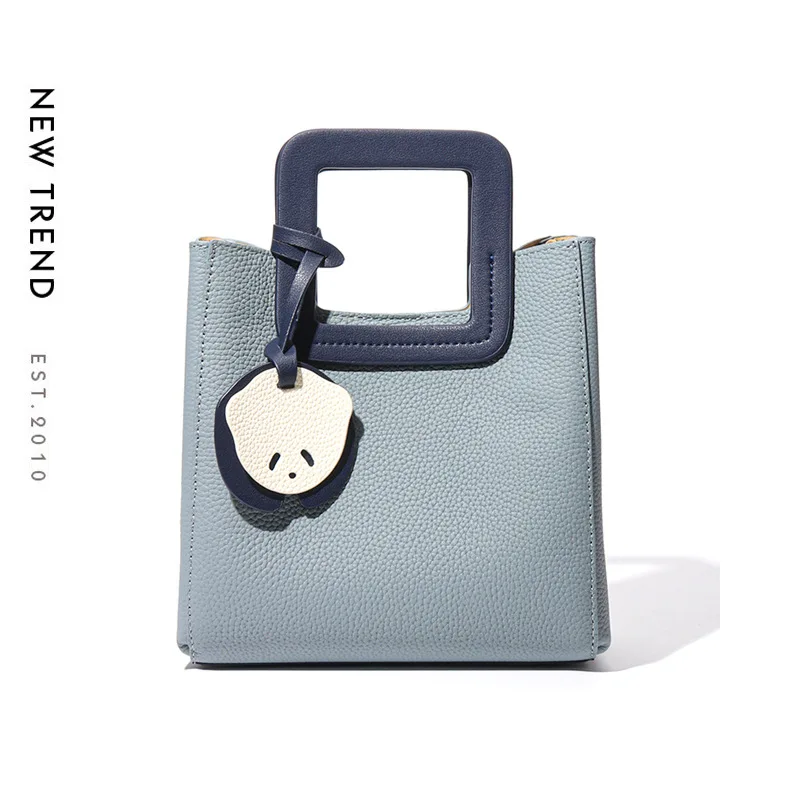 Lovely Light Blue Ladies Handbag Genuine Cow Leather Square Handle Women's Bag Luxury Designer Casual Tote