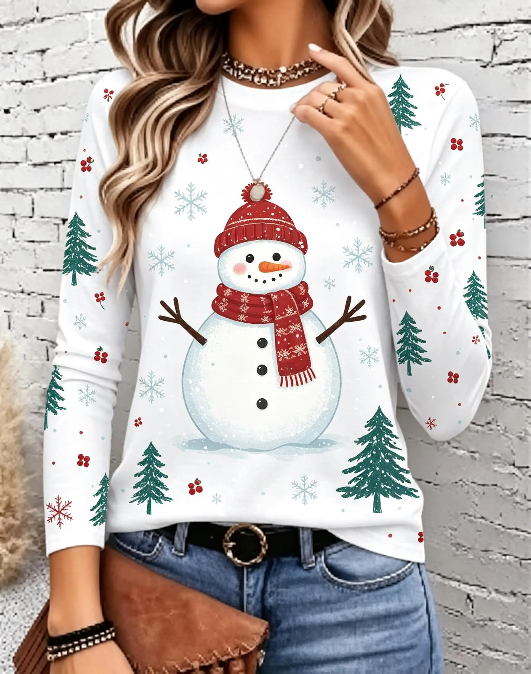 Women Long Sleeve Shirt Round Neck Casual Top Christmas Hamster Rabbit Squirrel Snowflake Print Holiday Fashion Loose Daily Wear