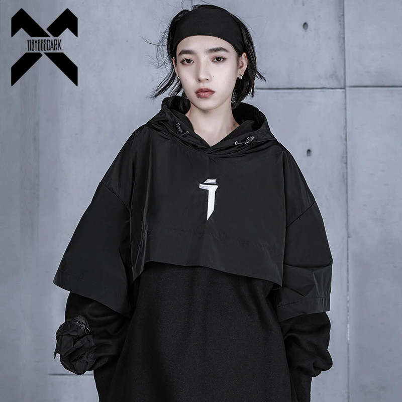 11 BYBB'S DARK Women Fake two Pieces Sweatshirts Hoodie Oversized Techwear 2022 Embroidery Function Pullover Hip Hop Streetwear