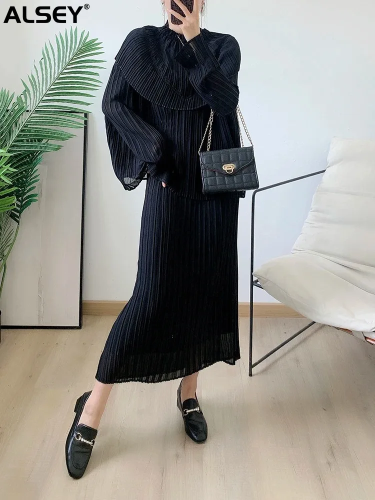 ALSEY Miyake Fashion Pleated Two Pieces Sets Winter New Women Solid O-Neck Double Layer Loose Top and Elastic Waist Skirt