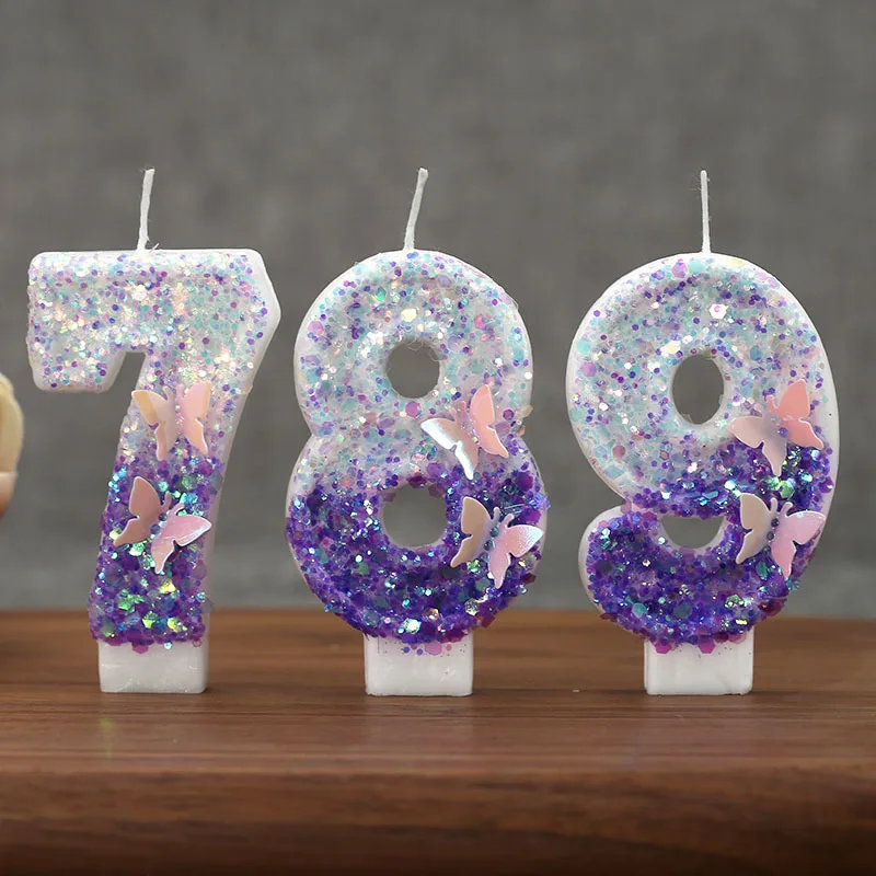 3D Sequin White and Purple Birthday Candles Extended 0-9 Numbers Cake Decoration Candle for Wedding Celebration Party