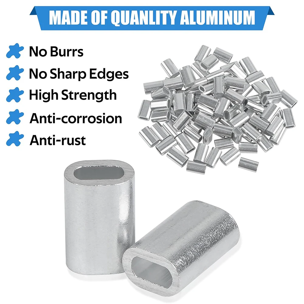 50Pcs Fishing Aluminum Crimp Sleeves Single Barrel Crimp Sleeves Oval Crimping Loop Sleeve for Wire Rope Fishing Line Connector