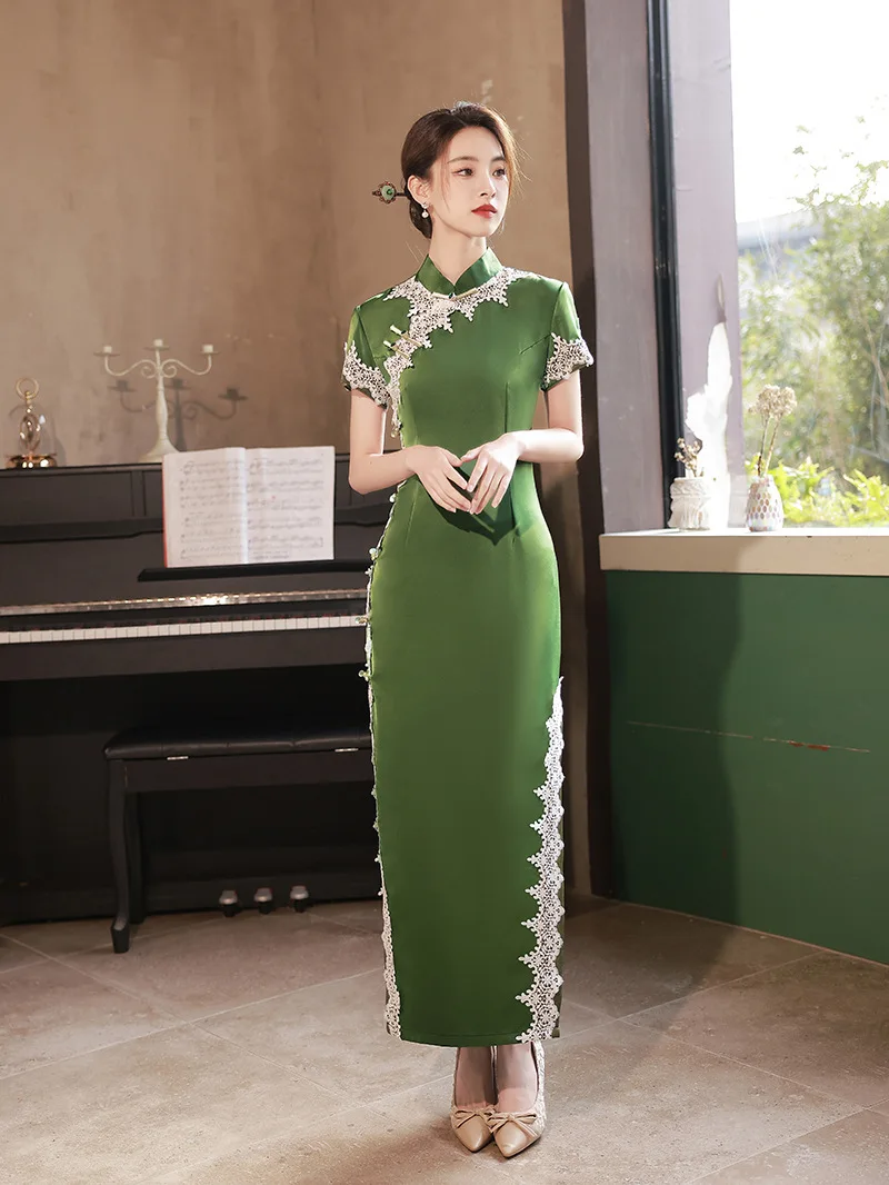 

Vintage Old Shanghai Lace Trim Qipao Elegant Women Cheongsam Oversize 4XL Mandarin Collar Sexy Long Chinese Dress Vestidos