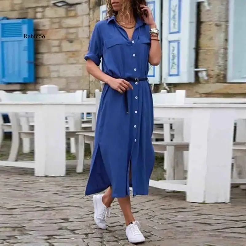 New Women's Casual Solid Color Cotton Linen Button Shirt Dress Fall Fashion Long Sleeve Elegant Lapel Irregular Dresses