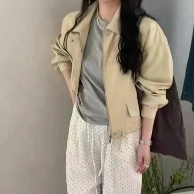 Women's Leather Jaet 2025 Autumn New Korean Version Chic ort Loose Top 4 Colors Commute Sle Long Sve Other Material