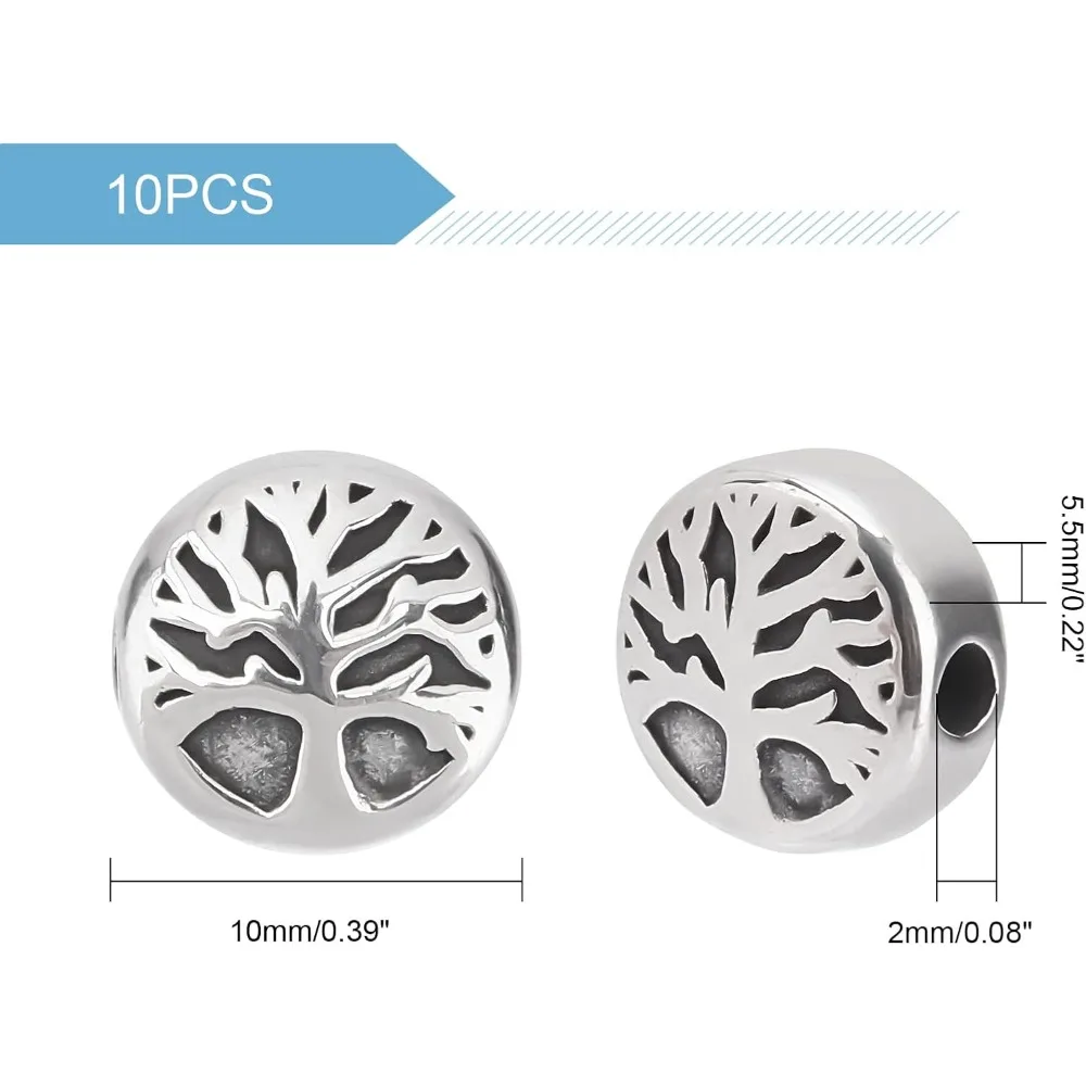 10pcs 10 มม.รอบ Tree of Life ลูกปัด 304 สแตนเลสสตีลรอบลูกปัดโลหะ Spacer ลูกปัดสําหรับเครื่องประดับทําชุด