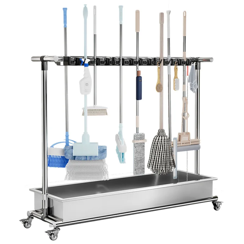 Mop and Broom Holder with Wheels Put Wet Mops Movable Floor Standing Mop Rack Stainless Steel Cleaning Tool Tower Rack for Home