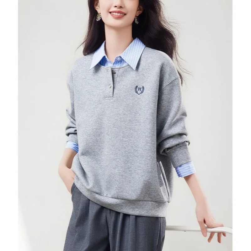 Striped Stitching Fake Two-piece Top Long-sleeved College Shirt Collar Loose Casual Sweatshirt for Women