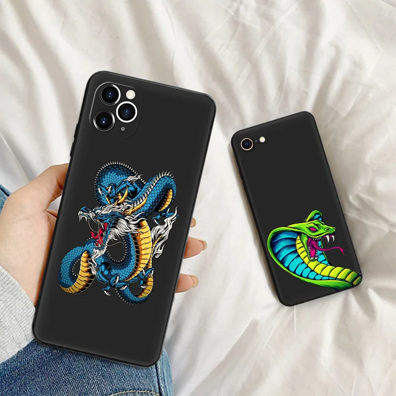 Silicone Soft Phone Case for iphone 16Plus 15 14 13 12 11 16 Pro Max Mini XR SE 7 8 Plus Snake Cobra Black Python Back Cover