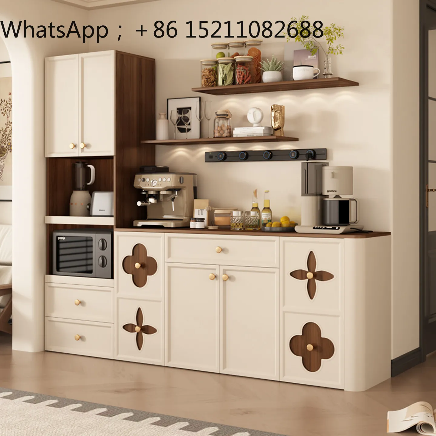 SCY Cream Wind Solid Wood Side Cabinet Integrated Locker Against the Wall Light Luxury Living Room High and Low Combination