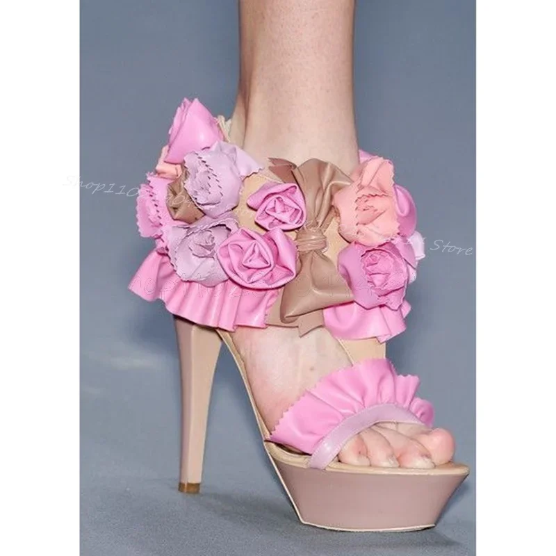 Apliques coloridos falbala sandálias plataforma dedo do pé aberto volta zíper sapatos femininos finos salto alto banquete 2025 zapatos para mujere