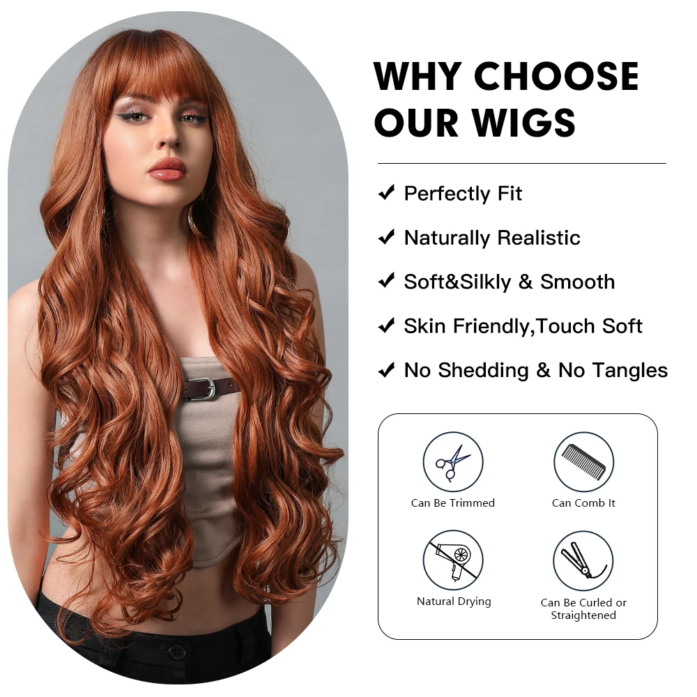 Red Brown Long Curly Wavy Wigs for Women Natural Synthetic Hair Wig with Bangs Heat Resistant Daily Cosplay Use Fake Hair 30Inch