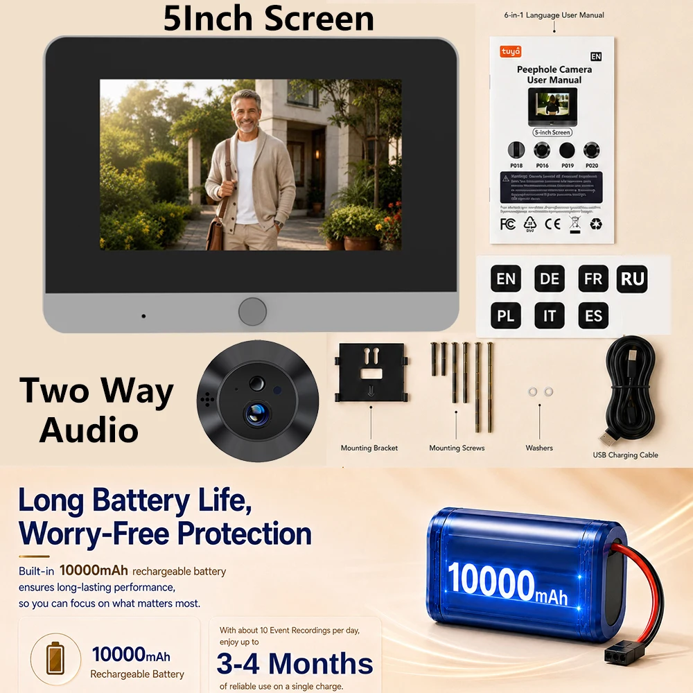 Tuya Smart 2MP 5Inch Screen Mini WiFi 940NM IR PIR Motion Peephole Door Eye Camera Viewer FHD 10000mAh battery work 3-4 Months