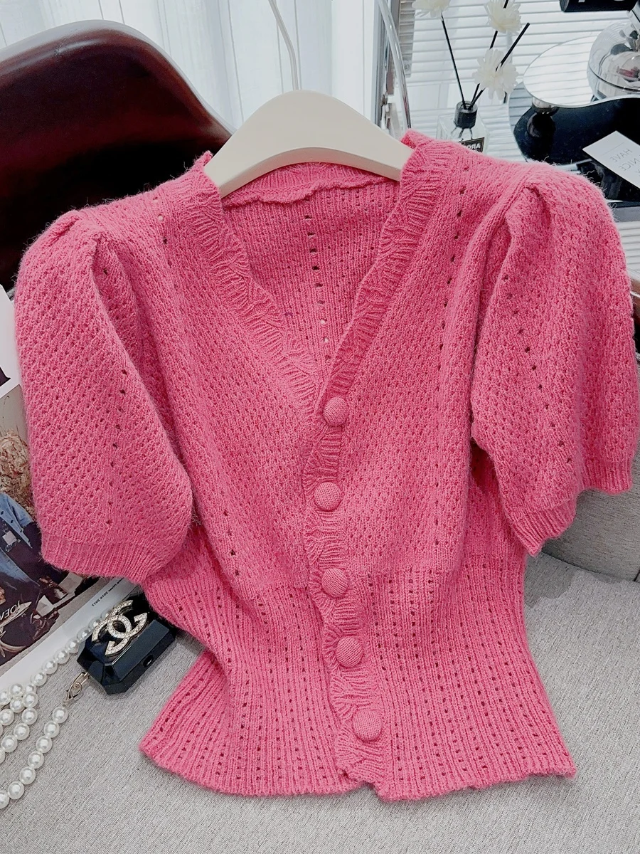 

Sweet Sle ort Sve V-Ne Трикотаж женский модный летний топ Slim Fit Bubble Sve однотонный с застежкой на одной пуговице