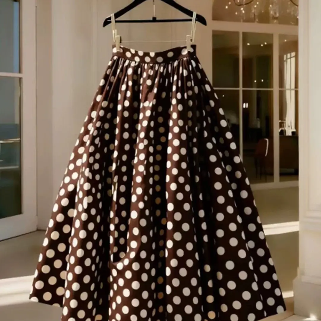 Summer New Women's High Waist Loose Vintage Brown Color Elegant Maturity Half Skirt A-Line Skirt Polyester Fiber