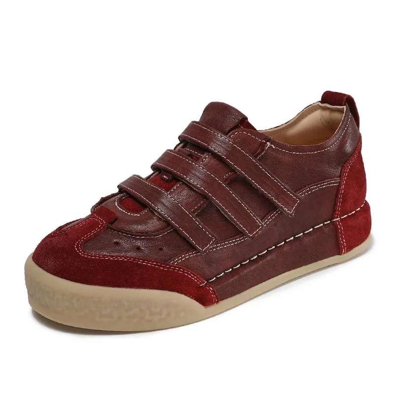 DRKANOL 2026 Women Flat Shoes Mixed Colors Genuine Cow Leather Retro Style Hook And Loop Comfort Trend Casual Board Shoes Female