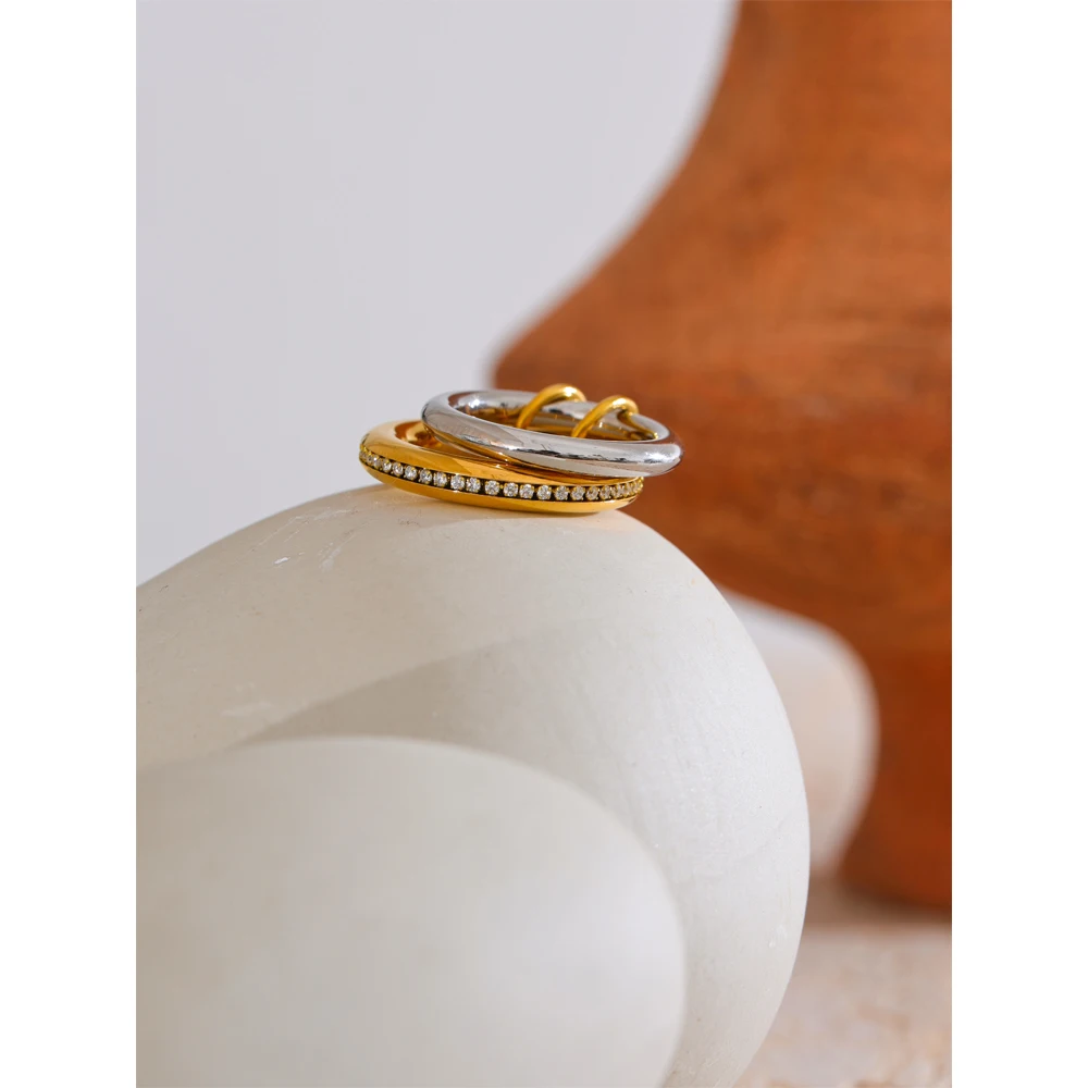 Yhpup Trendy Double Layered Round Stackable Ring for Women 316L Stainless Steel Inlaid Zirconia Charm Finger Jewelry 2025