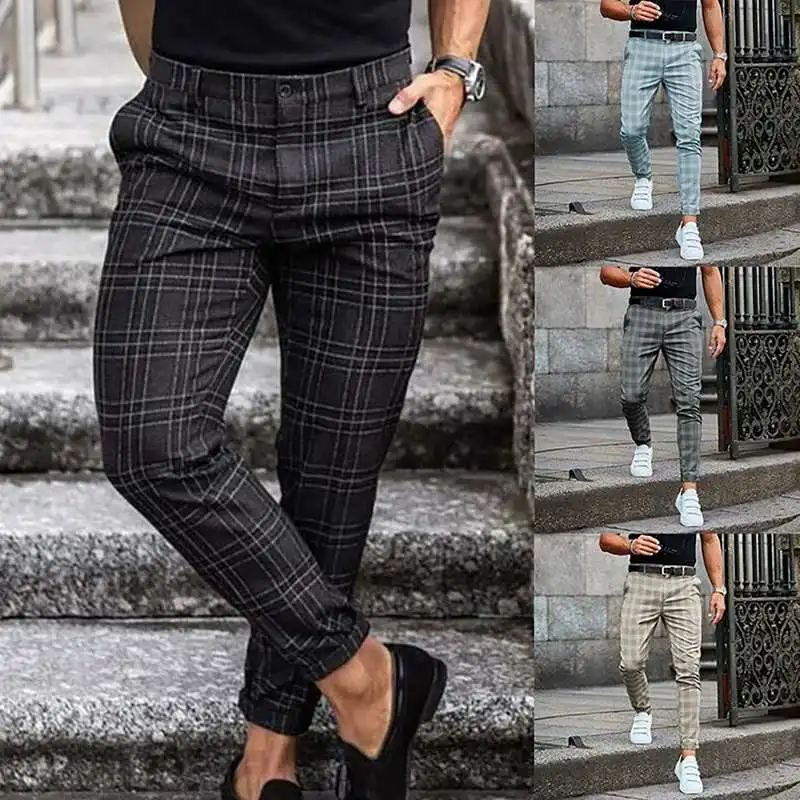 

Летние мужские повседневные тонкие клетчатые облегающие брюки 2025 г. Модные хлопковые и льняные молодежные брюки Active Sle Faionable Casual Trousers