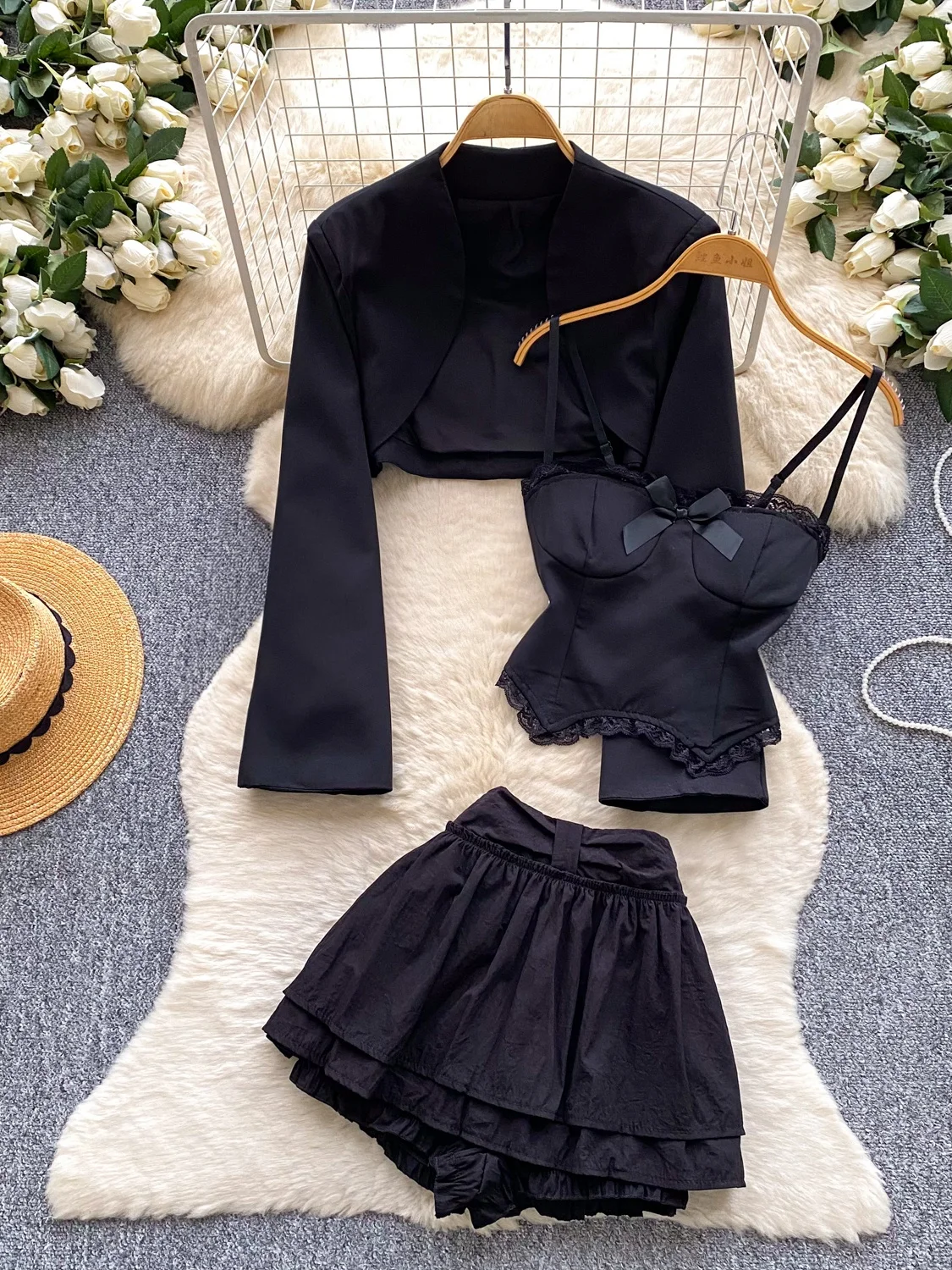 

Black Lace Trim Cardigan And Skirt Set Women's Fashion Slimming Style Three-piece Autumn Wardrobe Essential Casual Commute Ready