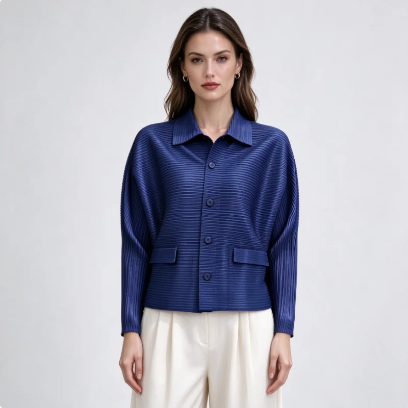 Miyake Women Blue Horizontal Pleated Shirt Jacket, Collared Button Loose Top, Casual Office Blouse