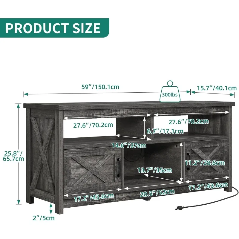 TV Stand with Power Outlet Storage Cabinets and Open Shelf Rustic Media Console TV Cabinet for Living Room