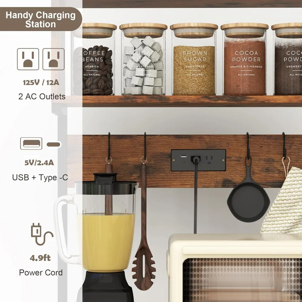 حامل ميكروويف للمطبخ مع مخرج طاقة و10 خطافات على شكل حرف S، ورف تخزين طويل القامة، وبار القهوة #5