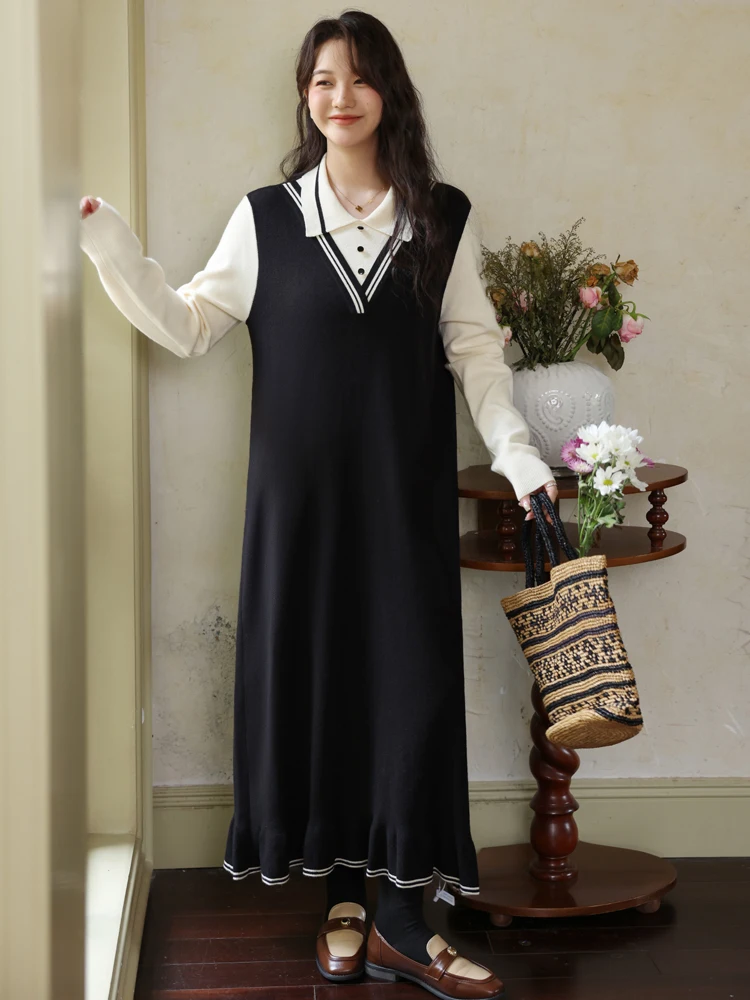 NYFS 2025 بولو كاذبة قطعتين المرأة طويلة الأكمام الدهون ملم محبوك سترة فستان فضفاض حجم كبير الخريف رداء Elbise فساتين طويلة #4