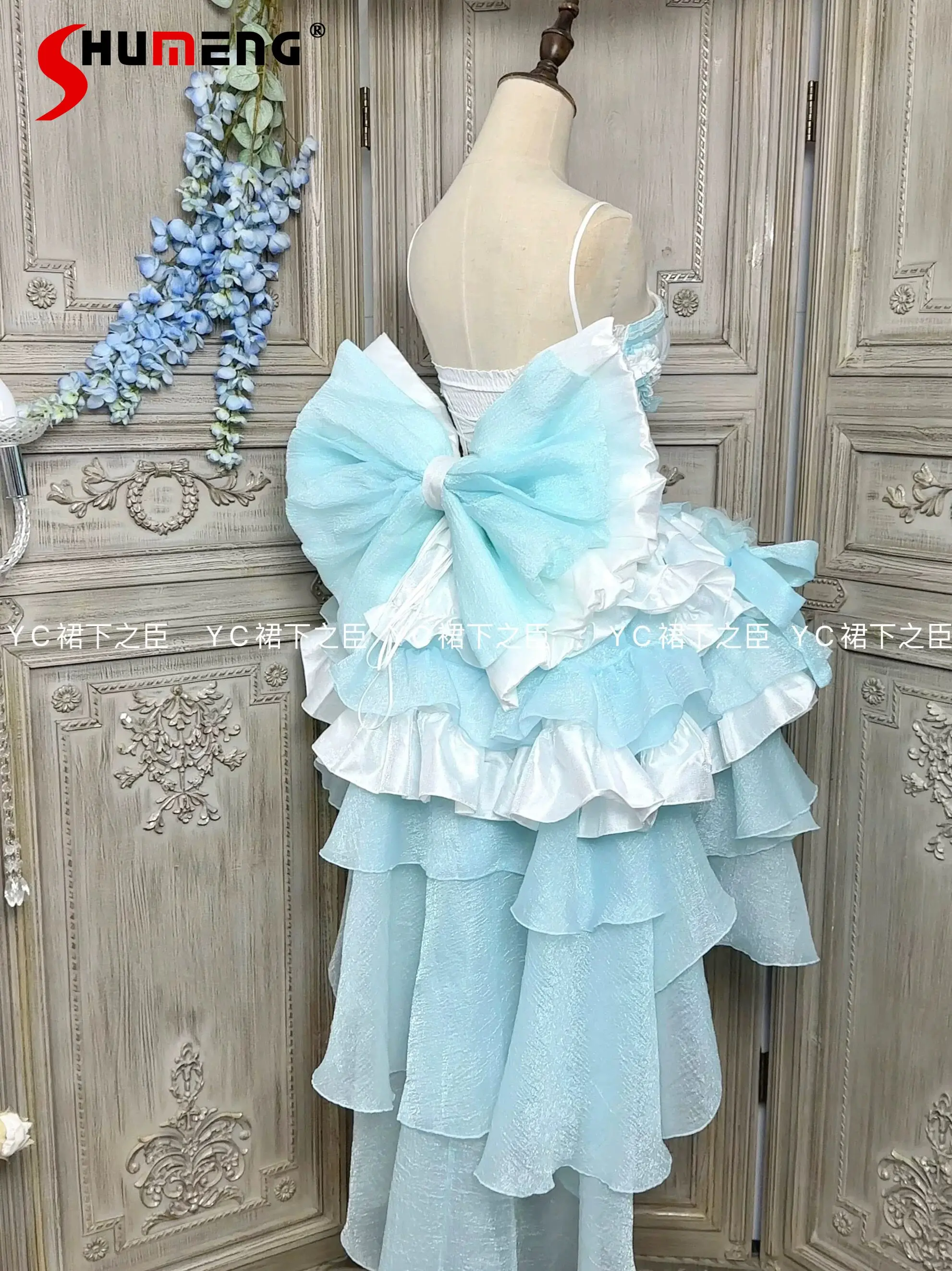 

Elegant Sweet Kawaii Princess Lolita Dress Strapless Tiered Ruffled Big Bow Trailing Gorgeous Birthday Party Dresses for Women