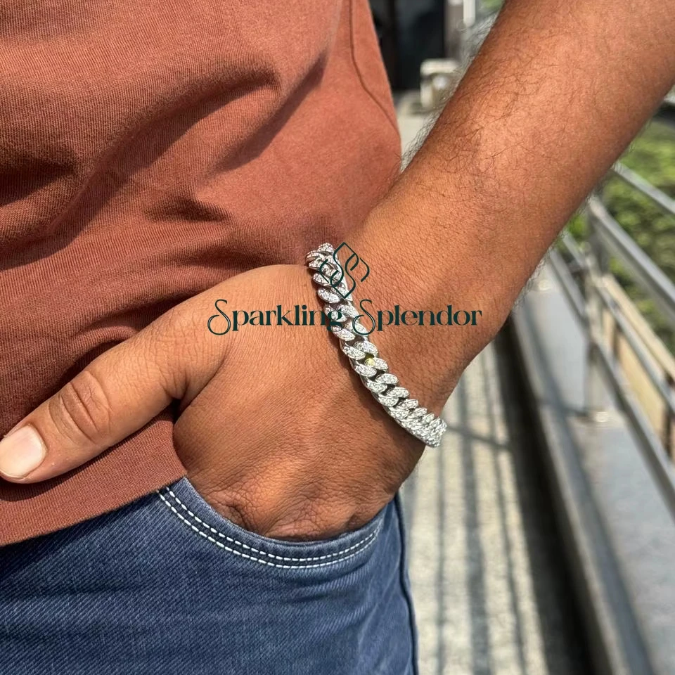 Quality High Solid Cuban Hip Hop Gold Plated 925 Sterling Silver VVS Moissanite Third Party Certified Nickel-Free Iced Bracelet.