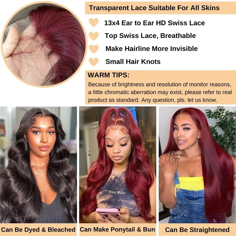 Burgundy 99j Body Wave Human Hair Wigs 13x4 13x6 Hd Tranparent Lace Front Human Hair Wig Red Colored Preplucked Lace Frontal Wig