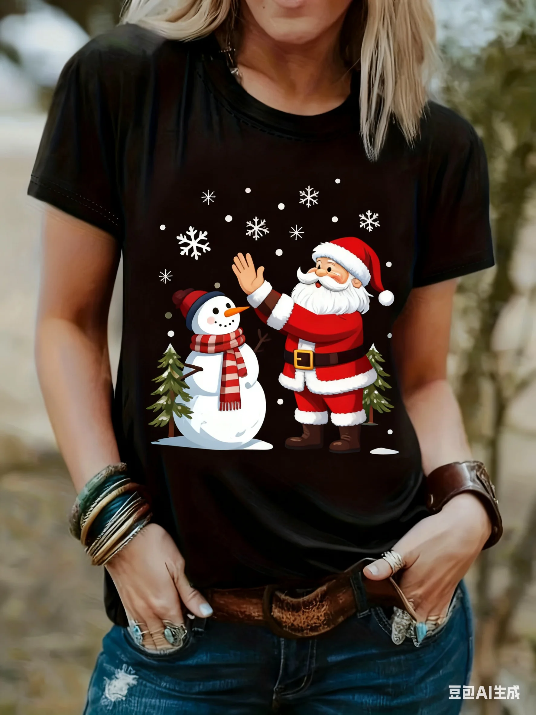 T-shirts imprimés père noël en 3D, à la mode, motif d'élan de noël, manches courtes, col rond, ample, haut pour fille, vêtements de noël pour femmes