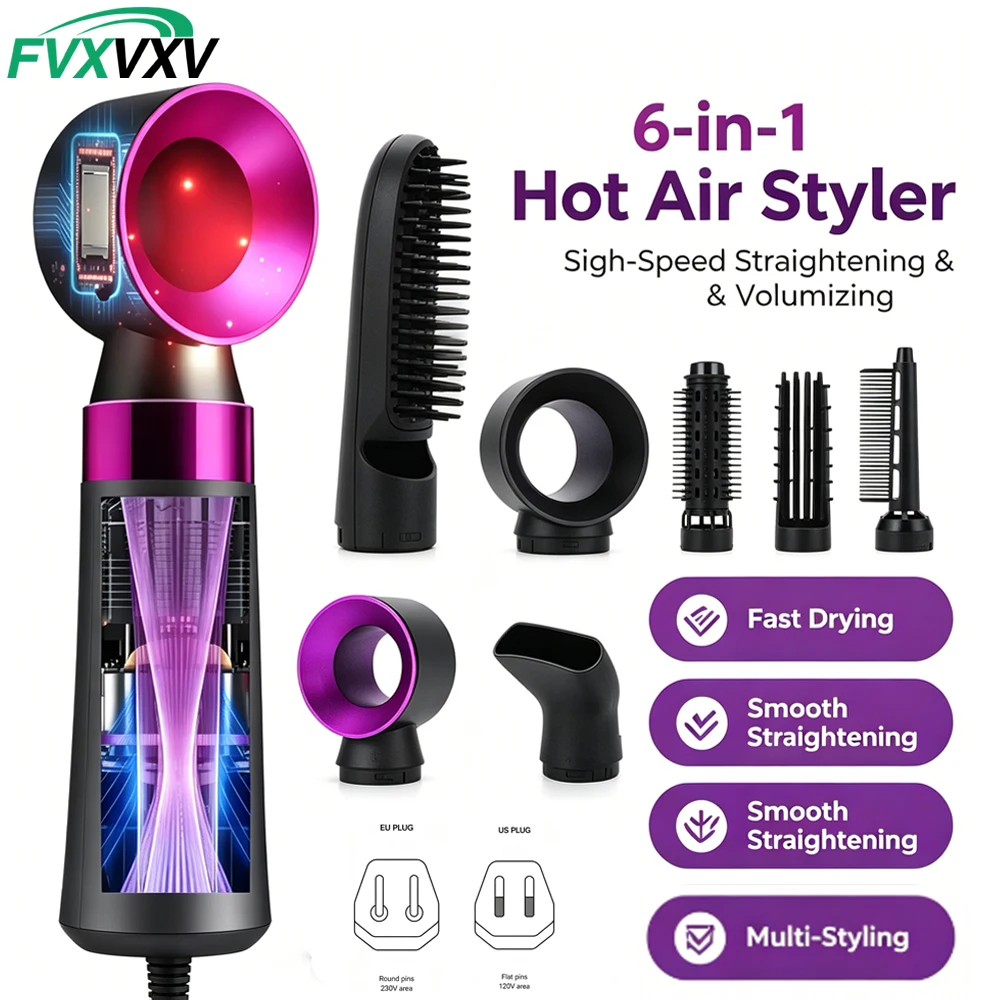 6-in-1 Hot Air Hair Styler Brush,800W Auto Wrap Hot Air Curlers Multi Styler,2 Temp Levels,Hair Tools for Straight Curl Dry Smoo