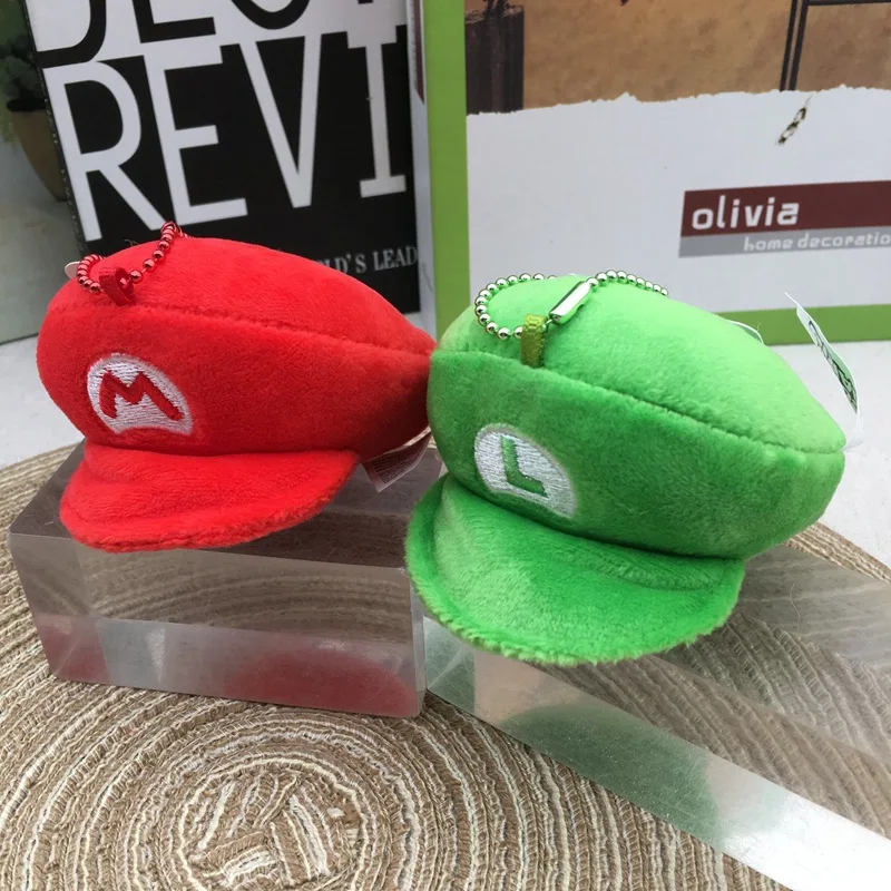 4inch=9cm Red Green Super Bros Hats Plush Keychain Mary Luigy Caps keyring Game Peripheral Doll Pendant Cosplay Accessories Gift view 4