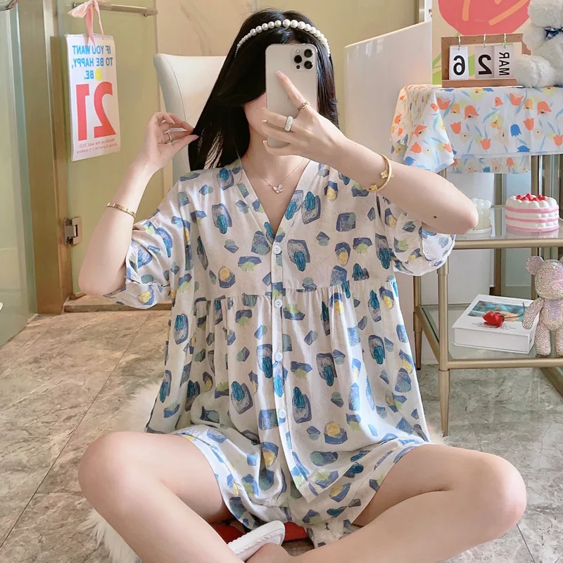 Cute Floral Cotton Satin Pajama Sets Ensembles 2 Piece Two Piece Pants Shorts Ruffled Lady Elegant Outfit Lounge Women Pijama