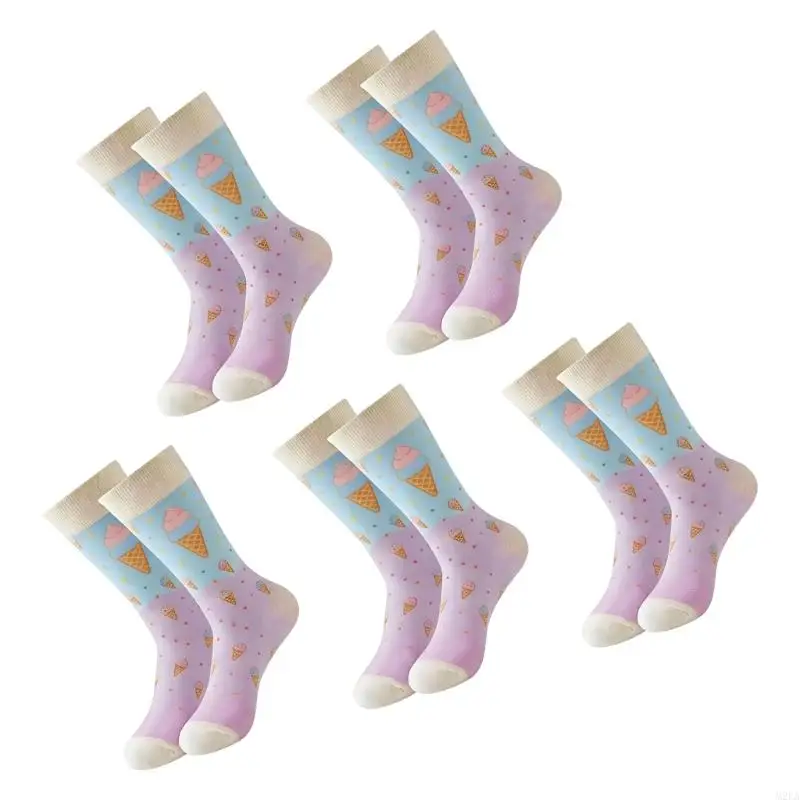 2026 New 5 Pairs Socks for Women Breathable Cotton Blend Socks with Colourful Ice Cream Prints Great for Comfortable  Wear