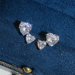 Huitan Fashion Heart Stud Earrings with Double Love Cubic Zircon Silver Color Temperament Ear Accessories for Women Hot Jewelry