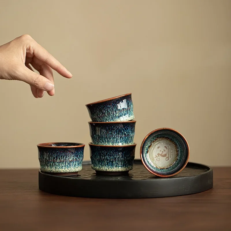 Kiln Change Teacup Tianmu Teacup Kung Fu TeaSet Painting Cute Panda Master Cup Guest Cup Set Set Set of Five Cups Gift Box Gift