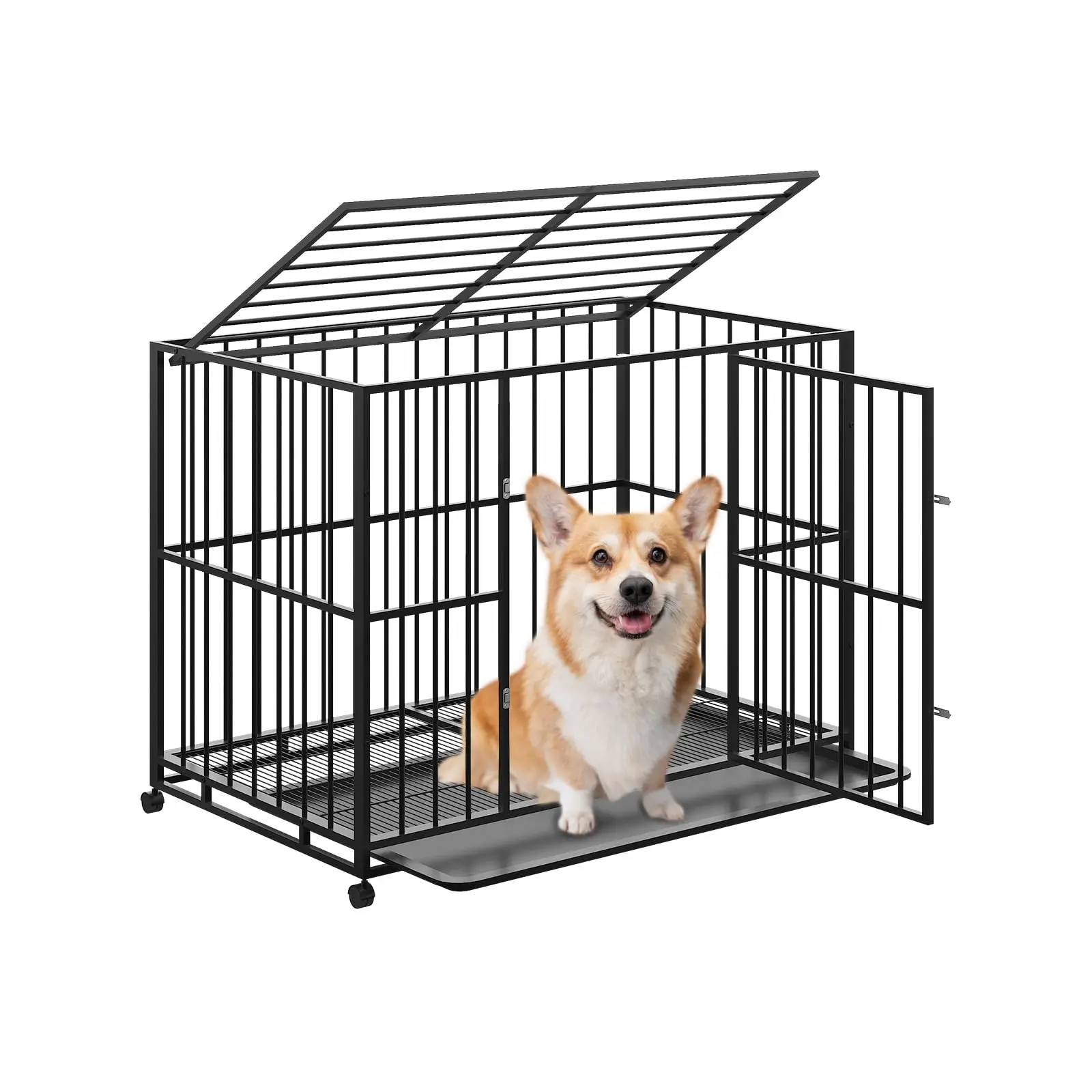 36 Inch Heavy Duty Stainless Steel Dog Crate Escape Proof Stackable Indoor Kennel with Double Locking Doors Removable Tray Openable Top and Lockable Wheels for Small Dogs