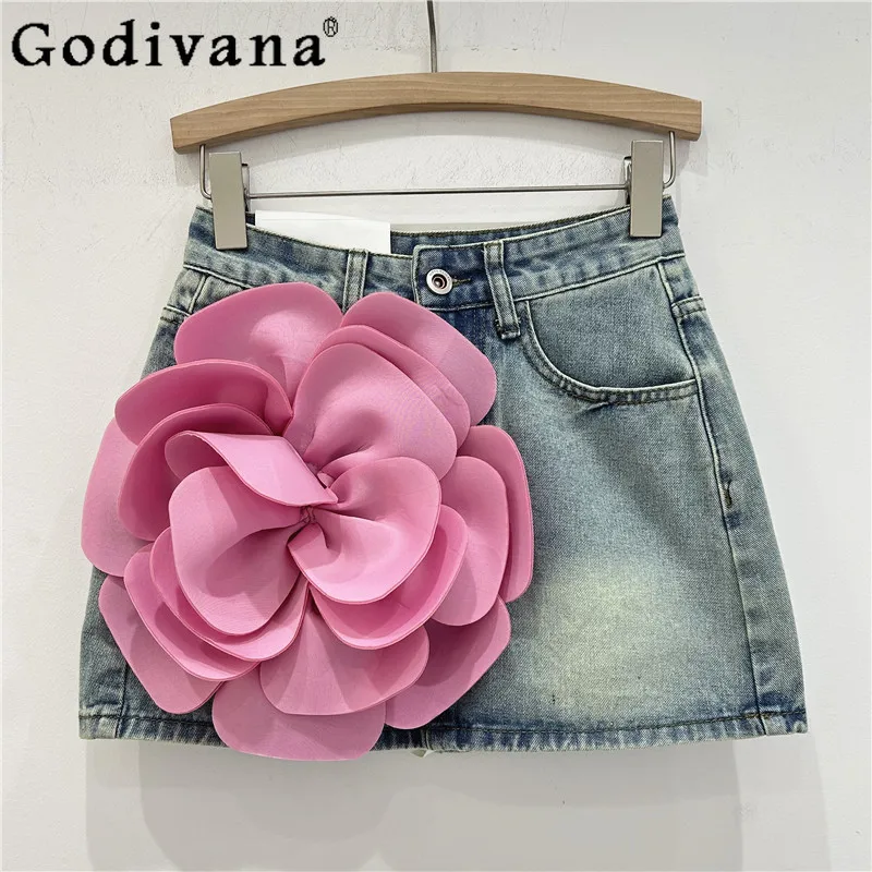 

Europe America Summer Heavy Industry Three-dimensional Flower Splicing Denim Skirt Girls Versatile High Waist A-line Sexy Skirts