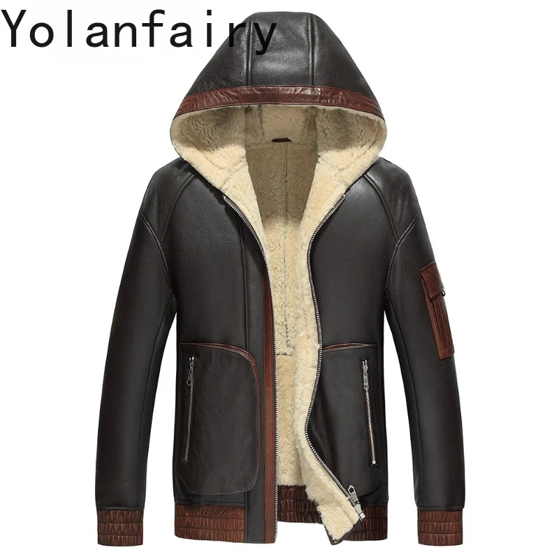 

YOLANFAIRY Natural Wool Fur Coat Man Hooded Winter Fashion Real Sheepskin Leather Jackets Men Motorcycle Coats Short Fur Jacket