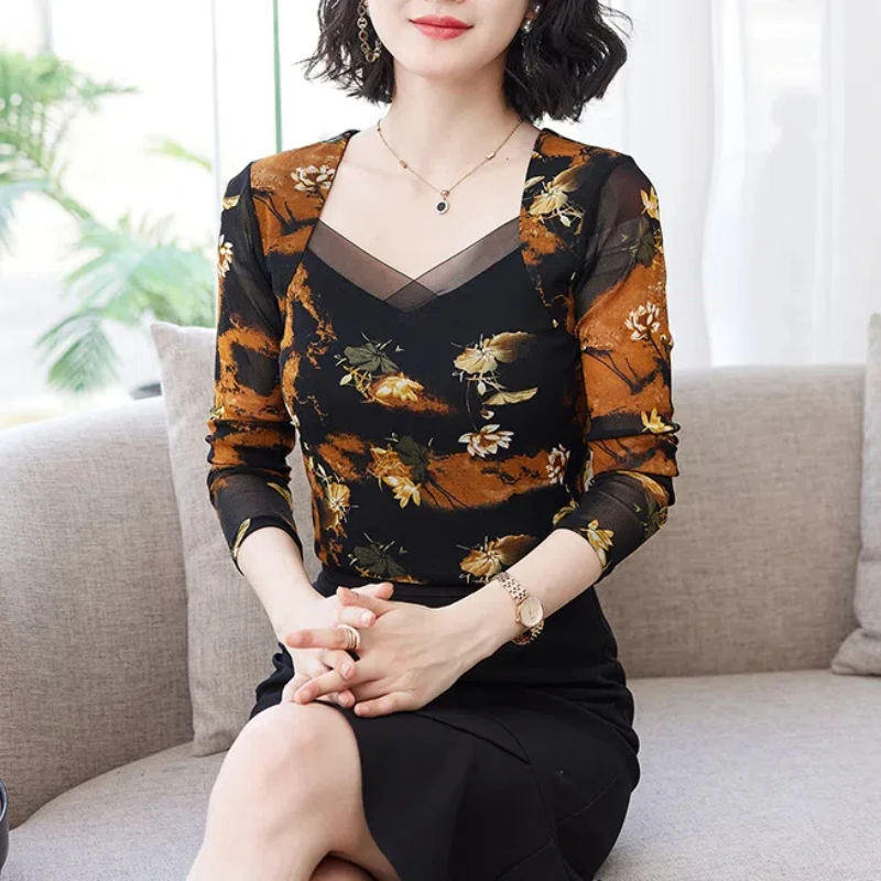 New Spring and Autumn Women\'s Style Square Collar Long Sleeve Slim Thin Gauze Printed Pullovers Trendy Commute All-match Tops